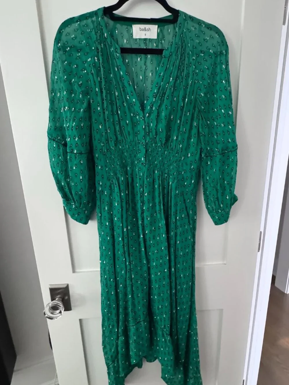 ba&sh Cyana Metallic Dot Smocked Midi Dress - Green, Like New - Picture 2 of 9